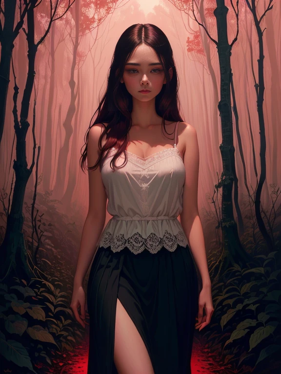Painting of a woman walking through a forest with a red sky, Woman in the dark forest, White lace camisole and panties、Casey Weldon, eerie art style, Standing in a dark forest, In the art style of Bouwater, Girl walking in dark forest, Charlie Bowater's art style, Spooky and gloomy art style, With eyes that glow red, Charlie Bowter's Style, Elegant horror art