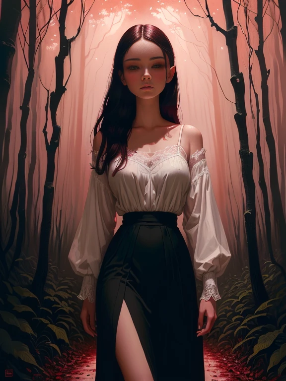 Painting of a woman walking through a forest with a red sky, Woman in the dark forest, White lace camisole and panties、Casey Weldon, eerie art style, Standing in a dark forest, In the art style of Bouwater, Girl walking in dark forest, Charlie Bowater's art style, Spooky and gloomy art style, With eyes that glow red, Charlie Bowter's Style, Elegant horror art