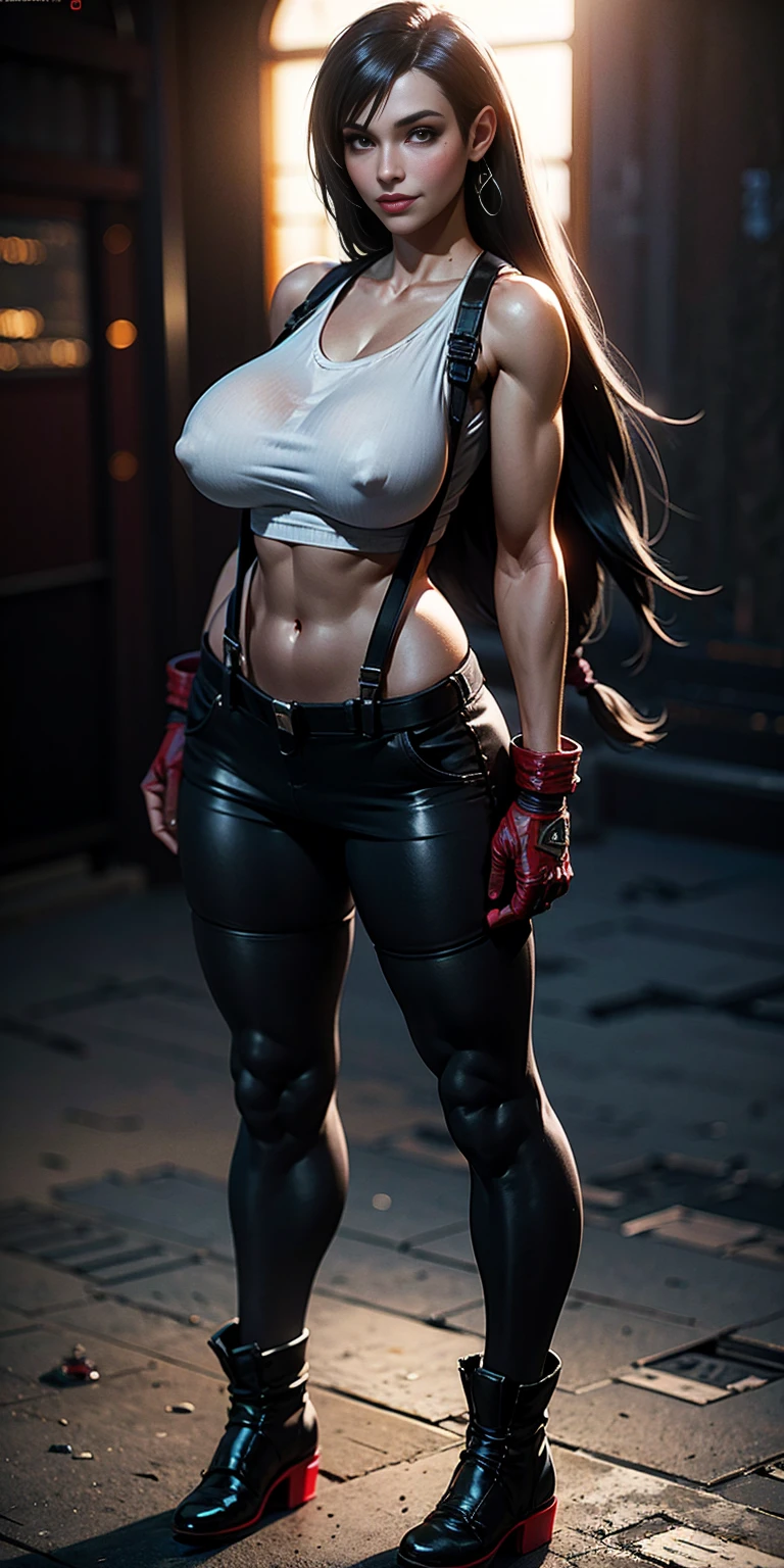 (8k, best quality, masterpiece:1.2), (realistic, photo-realistic:1.37), (full body), 1female solo girl, standing, legs apart, (wide stance) standing contrapposto, ultra-detailed, 1 girl,cute, solo, (tifa lockhart), (large breasts:1.5), (beautiful detailed eyes), (smile:1.2), (closed mouth), sharp focus, depth of field, good composition, Final Fantasy VII, very long straight hair, hair bang, ((red_eyes)), intricate, bokeh, (Tetsuya Nomura style), perfect breasts, white tank top, black thong, suspenders, gloves, stockings, toned body, athletic, wide hips, thin waist, toned arms, exposed abdomen, view from behind