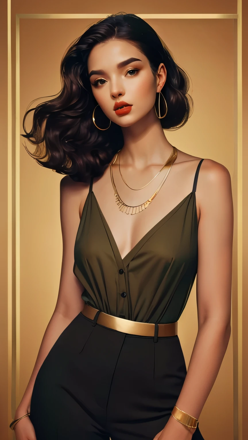 ((line art)), a beautiful, Mexican, polish and French, female model, goddess, olive skin ,hazel eyes, tight pony tail, sleeveless blouse and black fitted dress pants, diamond earrings, gold bracelets, gold thin necklace, beautiful skin, beautiful body, athletic body,
