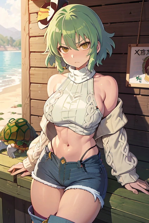 (((Hikage from Senran Kagura))), masterpiece, Best Quality, pixiv, Cowboy Shot, Green hair, 1girl in, big breasts, wide hips, Looking at Viewer, Solo, (((((Sweaters, turtle neck, hot pants, bottom jeans))))), (short Hair), ((Blank stare, serious face)), sitting at beach side on short stone wall, 32K, Best Quality, masutepiece, Super Detail, high details, hourglass body type,