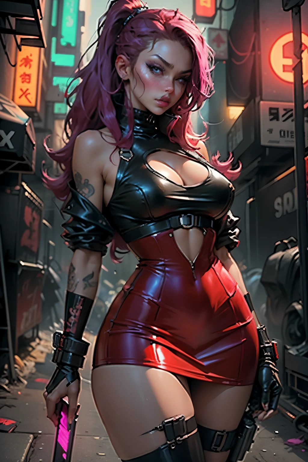 In the gritty underworld of the cyberpunk metropolis, a seductive prostitute makes her presence known. With curvaceous figures exaggerated by her voluminous, oversized breasts, she captivates onlookers with her alluring charm. Dressed in a barely-there red latex miniskirt, her provocative attire leaves little to the imagination. Her captivating aura radiates sensuality as she navigates the neon-lit streets, where danger and desire intertwine.