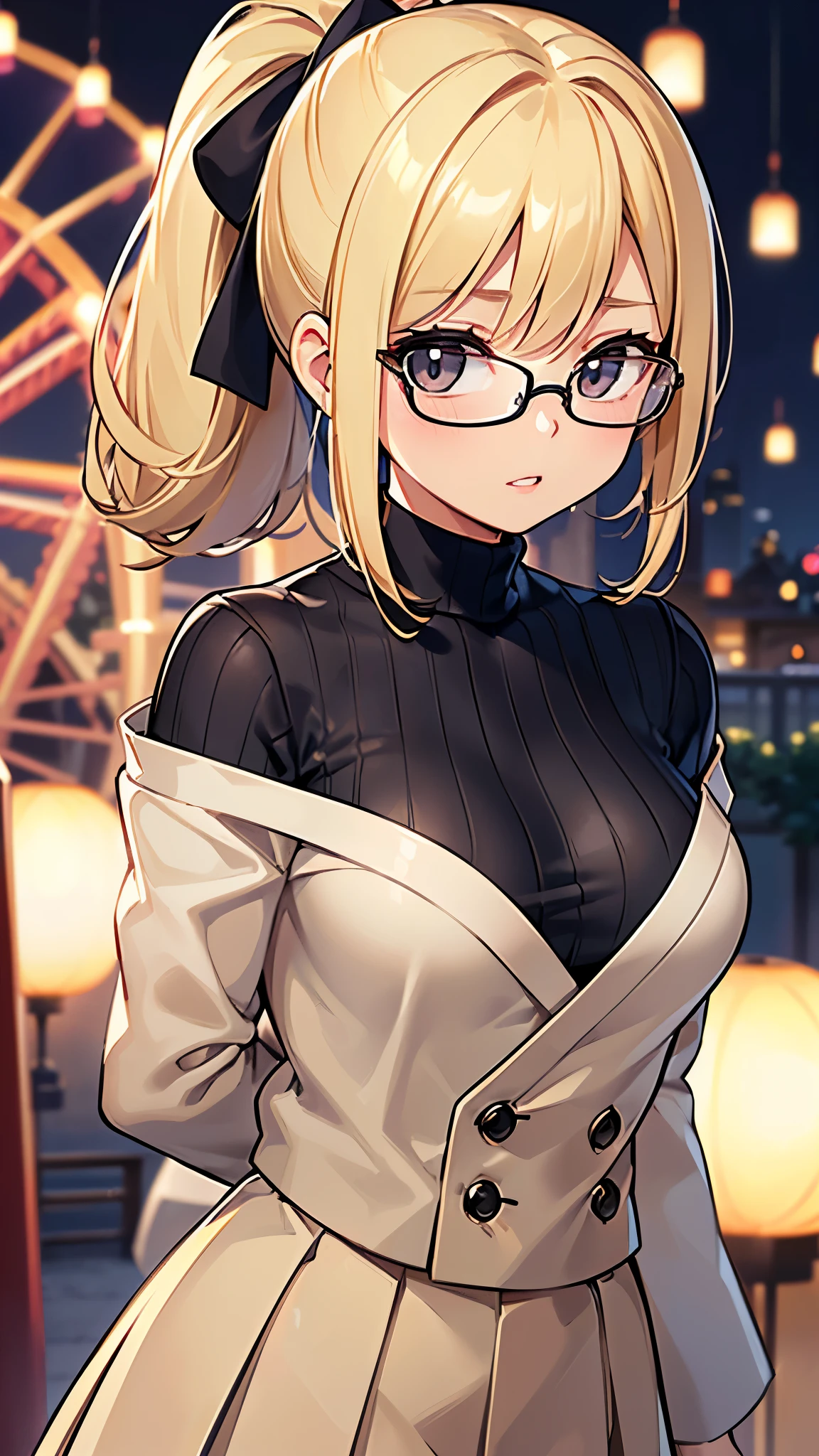 High resolution, Beautiful woman photo detail_face, Young and handsome girl,Realistic:0.5, Perfect Skin, (Wear glasses:1.5), (ultra-Detailed Background, Detailed Background), Bokeh, Have a happy expression, Happy emotions, nice,Pure, beautyfull detailed face and eyes,chest, (Iris:1.1), (Very cute and beautiful Japanese women), (Sexy Girls), (Professional attire:1.3), (22 years old: 1.1), break, (niceな衣装:1.2), (Blue turtleneck sweater with attention to detail:1.2), (Beige pleated skirt:1.2), (Leather boots))), chestの谷間, Beautifully detailed skin, (cute:1.2), (Blonde), ((J-Pop Idol)), (Upper thigh:0.6), (Depth of written boundary),Soft Light, Lens Glow View your viewers, (Droopy eyes:1.2), Straight teeth,笑face, Floating Hair, (Blonde:1.2), brown eyes break movie scene, Cinematic, Full Color, 4K, 8k, 16k, RAW Photos, masterpiece, Professionally color coded, Professional photography, high school girl, Put your hair up, , Soft Clean Focus, Realistic lighting and shading, (Very delicate and beautiful art)1.3, elegant,Active Angle,dynamism pose break (ponytail:1.3), (光沢のある黒いthin髪:1.2), bangs, Dark brown eyes, Beautiful Eyes, Princess Eyes, (Big eyes:1.3), bangs, Wear glasses:1.3, Hair between the eyes, short hair:1.3, (thin:1.1), (medium-chest:0.95), (thinウエスト: 1.15), (Detailed beautiful girl: 1.4), Lips parted, Red lips, full-make-up face, (Shiny skin), ((Perfect female body)), (Upper body image:1.3), Perfect Anatomy, Perfect Proportions, (most beautiful Korean actress face:1.3, extremely cute and beautiful Japanese actress face:1.3), ,(1 Girl with Glasses:1.3, alone), ,(blush:1.1), Gray background, alone focus, (Bust Shot:1.2), Cinematic light, (Nostalgic night view:1.4), (amusement park:1.4), (Merry-go-round、Ferris wheel、roller coaster), (Put your arms behind your back :1.4), (View your viewers:1.2