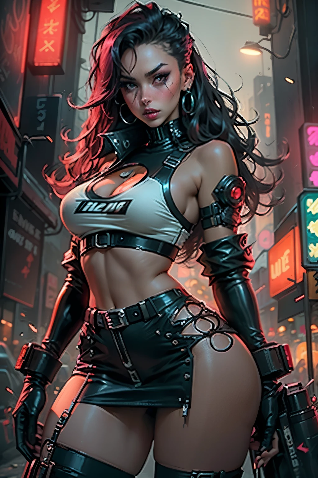 In the gritty underworld of the cyberpunk metropolis, a seductive ?????????? makes her presence known. With curvaceous figures exaggerated by her voluminous, oversized breasts, she captivates onlookers with her alluring charm. Dressed in a barely-there red latex miniskirt, her provocative attire leaves little to the imagination. Her captivating aura radiates sensuality as she navigates the neon-lit streets, where danger and desire intertwine.