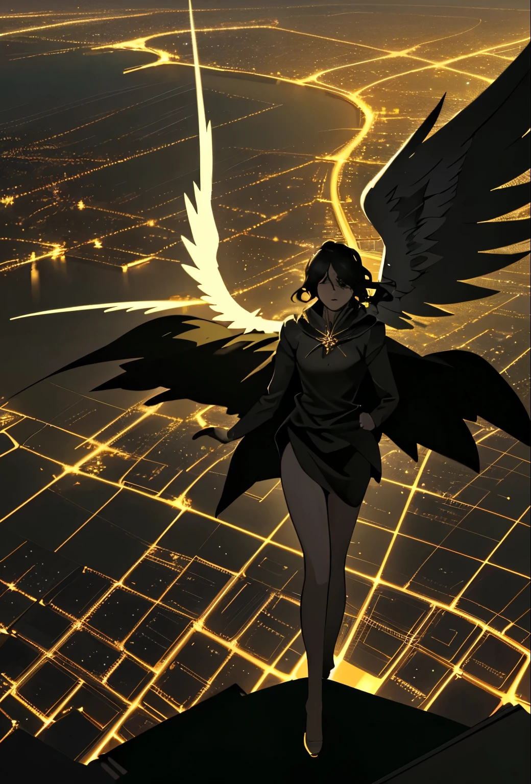 This image depicts an angel woman hovering over a city at night. The city lights create a golden and dramatic atmosphere, while its delicate presence and dark wings contrast with the urban environment. The woman seems protective and vigilant.