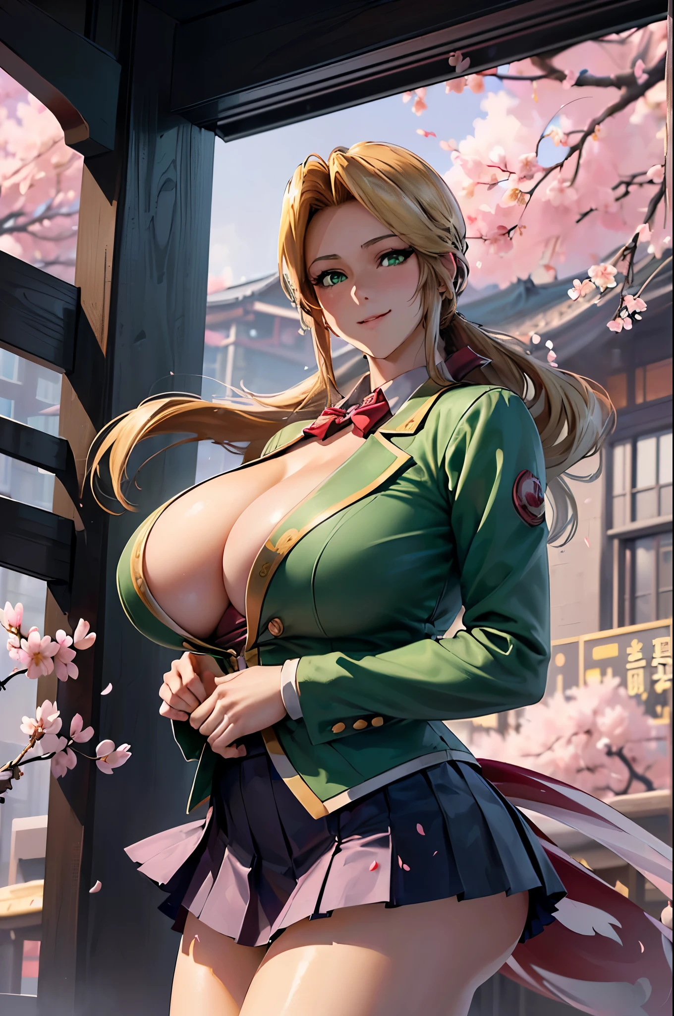 8K(A sloppy smile:1.5)((woman,Huge , (Huge breasts:1.3),(Are fat:1.3),とても唇が赤いHuge breastsを強調,Big Ass,Narrow waist,Long legs,Green Eyes立っている)) 8k((((Anime Style),(The facial expression is good:1.1))))8k(((((Anime Style)Green Eyes)))) 8k((Standing at the station))8k((Waiting for a train at the station))8k((Morning))8k((Beauty))((学生blazer15歳学生服 緑のネクタイ, blazer, Pleated skirt))8k(((((spring,cherry blossoms,The wind is blowing,Her skirt is flipped up,cherry blossomsが散っている:1.1)))))