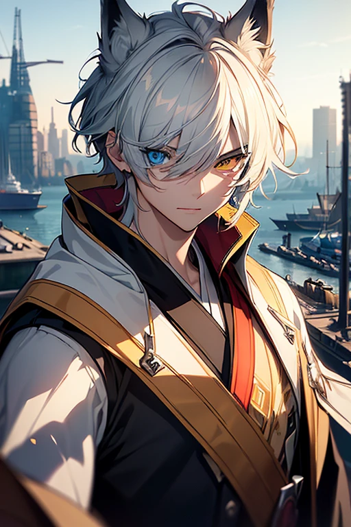 (Absurd, High resolution, Very detailed), masterpiece, highest quality, Light and shadow, silverwolf,Wolf-eared males,Short cropped hair,Short bangs,Detailed face,Black Hanfu,Clear, large eyes, beast king,Anime characters,White wolf anthropomorphic,good looking,youth, young,Handsome,   ((Heterochromia, Left eye clear yellow, Right eye glows red,Right eye,Right eye dazzling,)Lizard-like eyes,Mysteriously shining pupils, Fantasy,mysterious , Spectacular backdrop, Beautiful harbor,Octane Rendering, Beautiful Features, Beautiful and detailed eyes,  Detailed face, Perfect skin texture, Extreme Detail, Whole-body vision, Cinema Lighting,  Professional Lighting, profile,Shot with a Hasselblad X1D-50, Depth of written boundary, Perfect all-round lighting, (highest quality), (masterpiece), (Super detailed),, Far away from the subject,Wolf ears don&#39;t stick out from the screen,The whole body fits on the screen,Full Body Shot,smile,Close-up Cancel