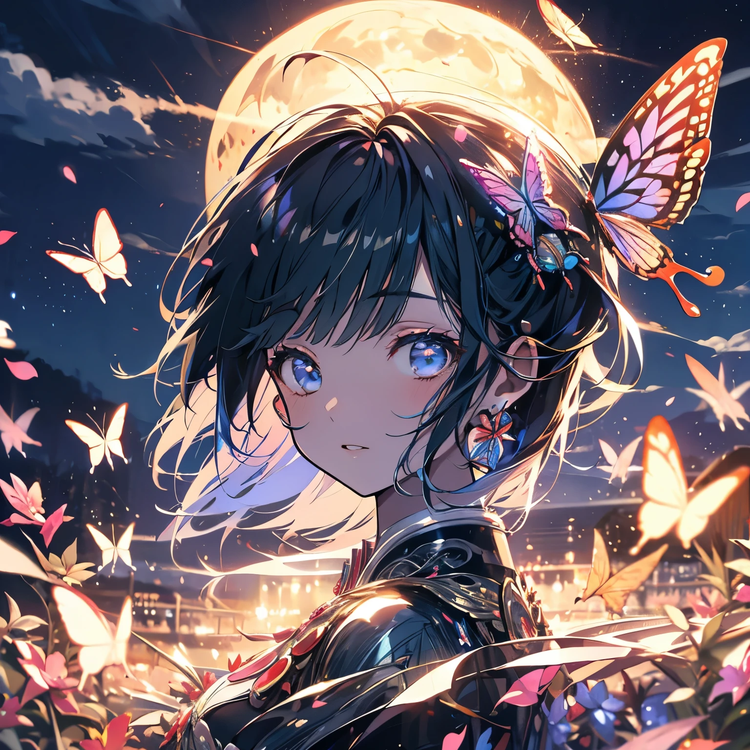 Masterpiece、night、full moon、Butterflies fluttering