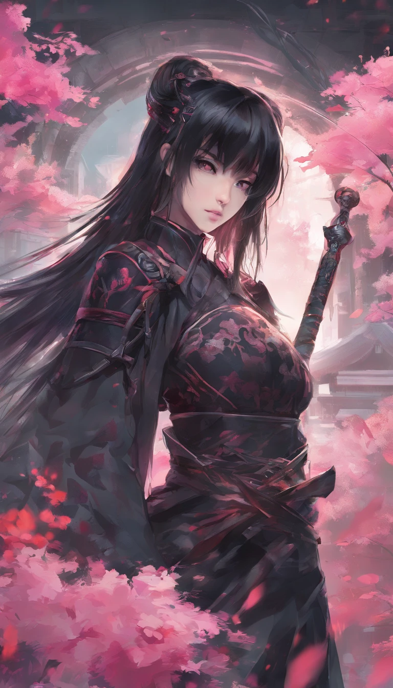 Danfeng Eyes,bushido,The upper part of the body,Black coiled hair,Simple hairpins,Cold eyes,solo person,orthofacial,frontage,Peach blossom background,Highly saturated colors,Hyper Real,8K high-definition,holding a longsword,Absolutely beautiful,high light,plethora of colors