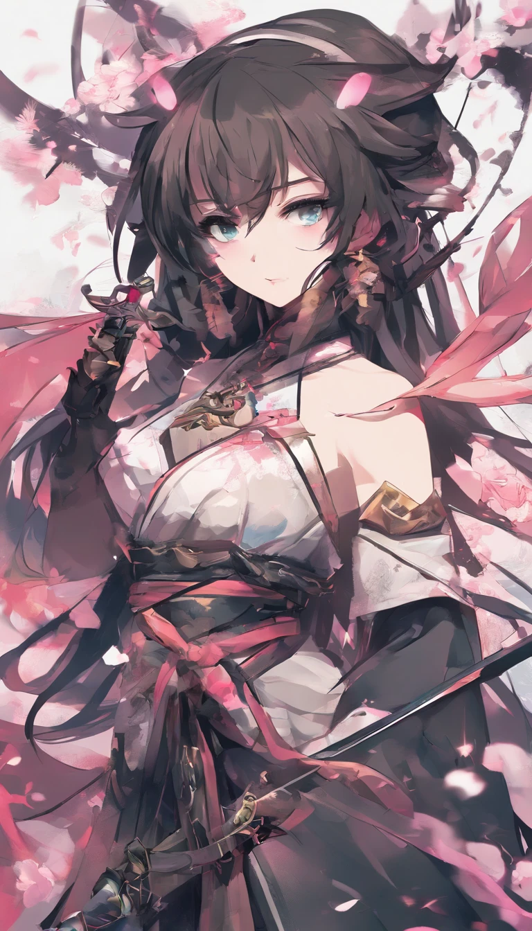 Danfeng Eyes，bushido，The upper part of the body，Black coiled hair，Simple hairpins，Cold eyes，solo person，orthofacial，frontage，Peach blossom background，Highly saturated colors，Hyper Real，8K high-definition，holding a longsword，Absolutely beautiful，high light，plethora of colors