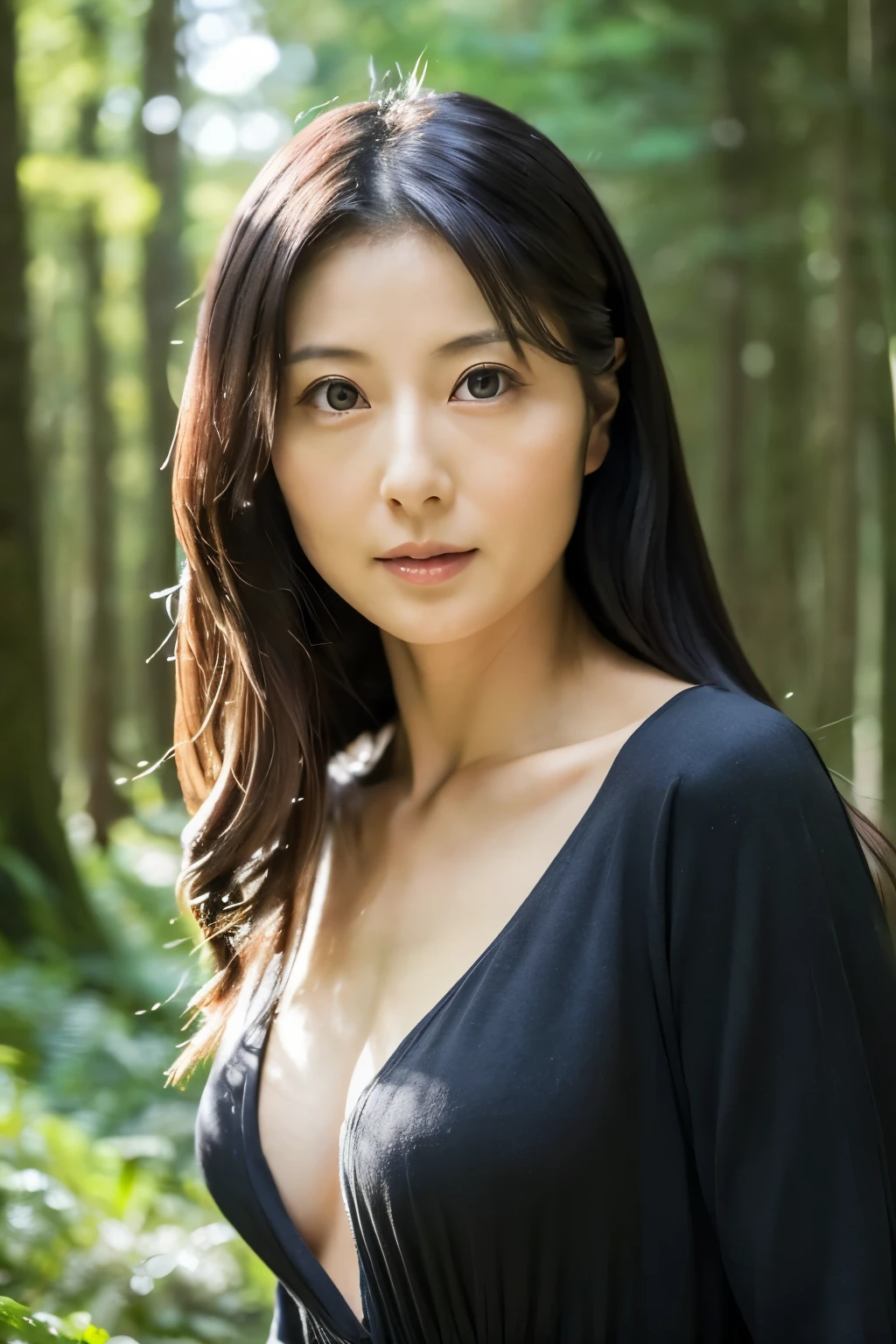 A Japanese lady, 35 years old, small breasts, thin waist, beautiful face, beautiful eyes, natural make up, black long hair, wearing a casual dress, standing in the forest, looking longingly at a viewer, 1girl in, solo, detailed face and eyes, detailed fingers and arms. Full body photo. Realistic, Photorealistic.