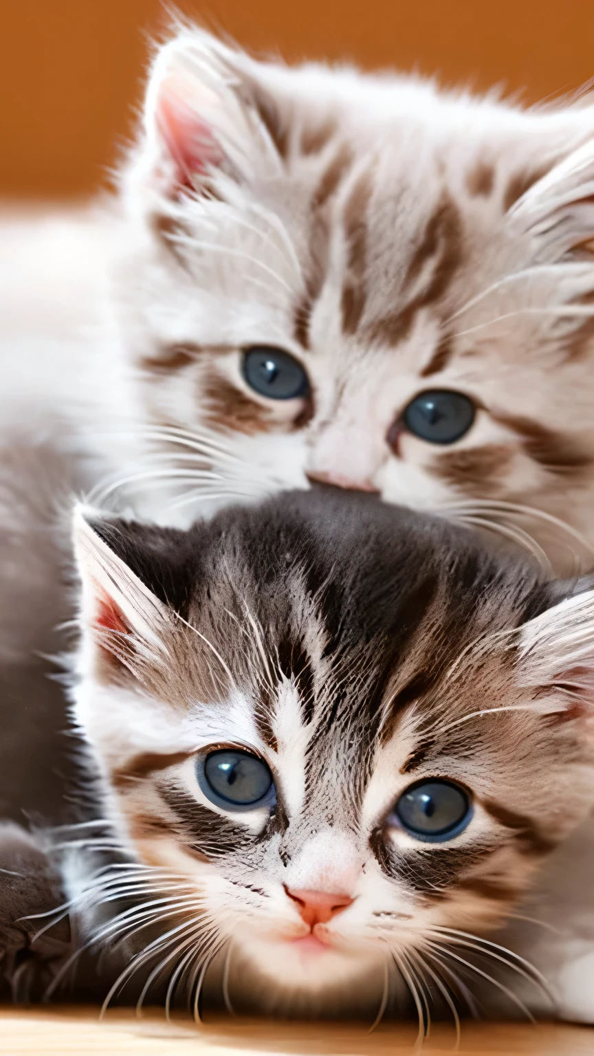 2Two kittens playing together fluffy The cat fills the screen Cupid's bow is placed Cats are angels On the bed Highest quality Photorealistic