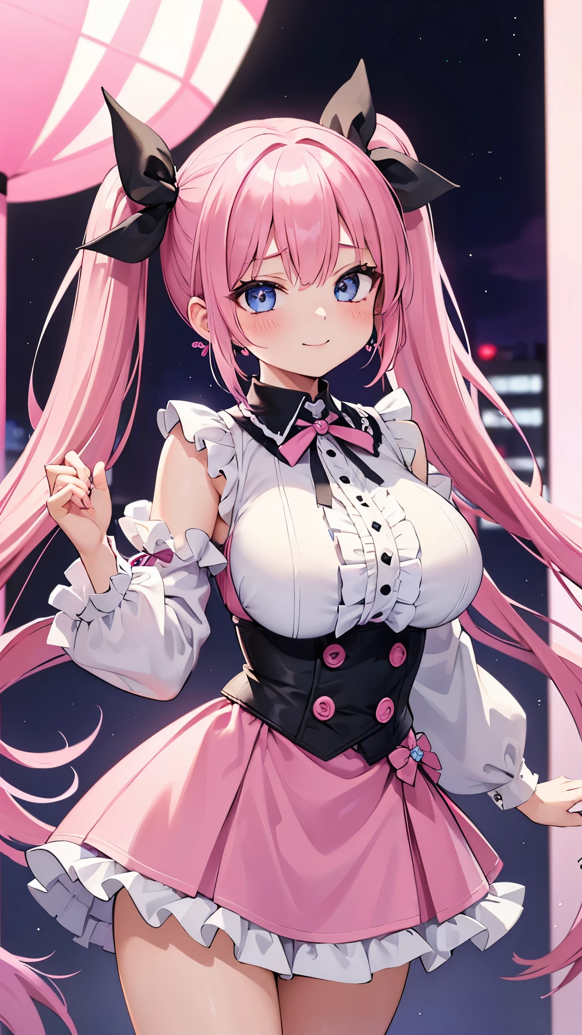 masterpiece、highest quality、Very detailed、Photograph the upper body、1 female、(Put your arms behind your back:1.4)、Are standing、Turn your body forward、View your viewers、(pink idol costume)、break,blush、shy、Pink Hair、Open your mouth、stage、Big Breasts、