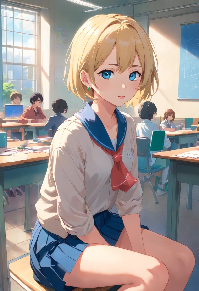 17 years old Women, ((Blonde)), ((Blue eyes)), ((Short hair)), ((Full shot)), very detailed makeup, pale pink lipstick, long earrings and jewelry, sitting on a desk in a classroom, wearing a low-cut blouse and a mini skirt, her legs are crossed, she is wearing glasses and she is biting an apple in a sexy way