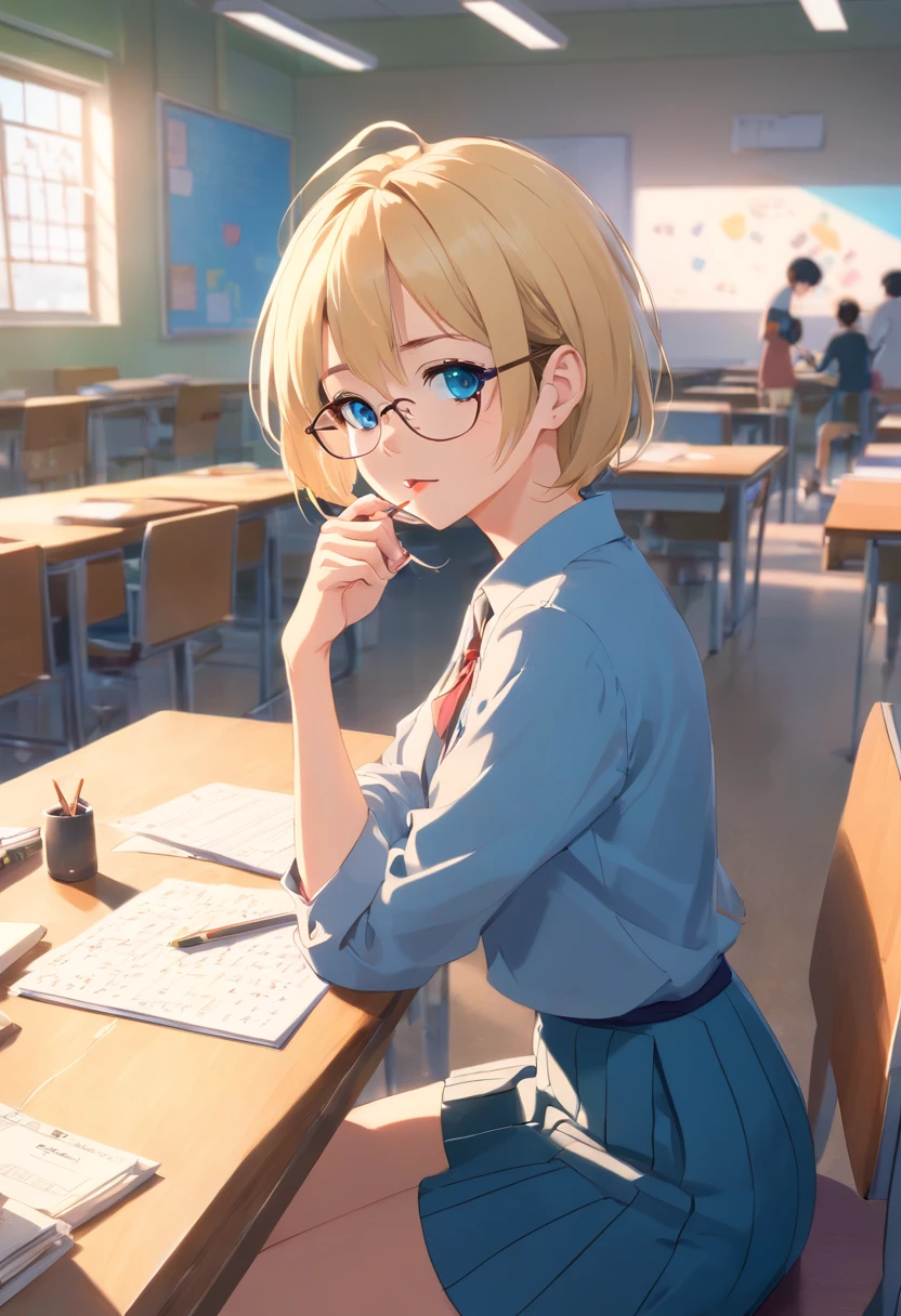 Women, ((Blonde)), ((Blue eyes)), ((Short hair)), ((Full shot)), very detailed makeup, pale pink lipstick, long earrings and jewelry, sitting on a desk in a classroom, wearing a low-cut blouse and a mini skirt, her legs are crossed, she is wearing glasses and she is biting an apple in a sexy way