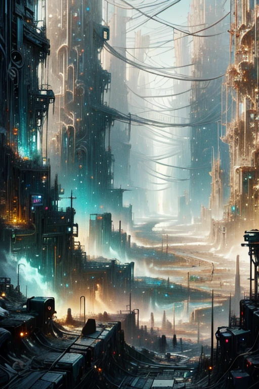 (obra de arte:1.2, Melhor qualidade), ( panoramic scene showing the immensity of the city)  a sea of futuristic ruins and labyrinthine corridors stretch endlessly on all sides, labyrinthine city.