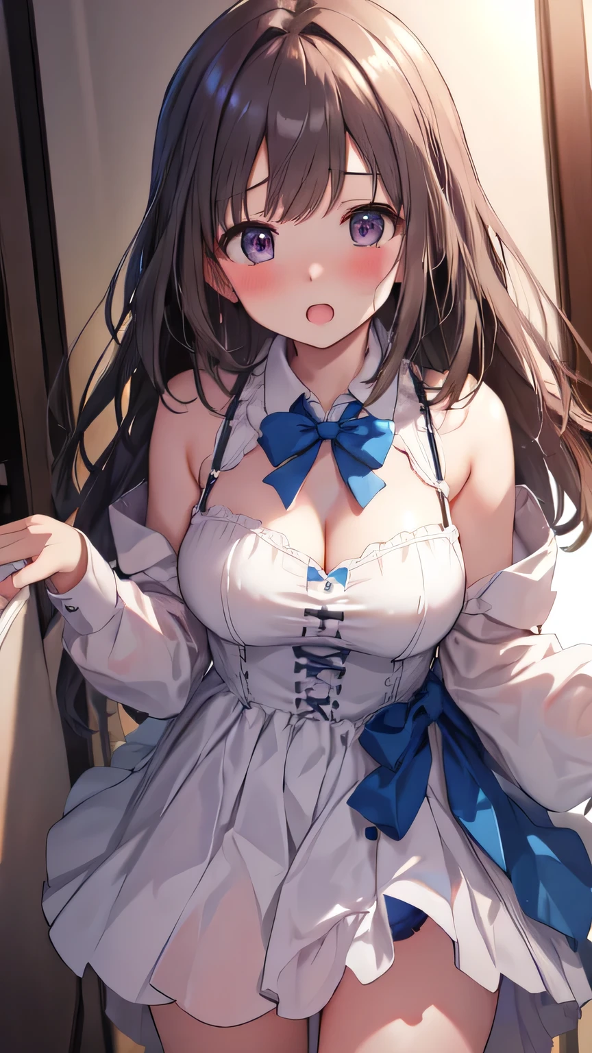 Very detailed、(8k, RAW Photos, highest quality, masterpiece:1.2), (Very detailed 8k wallpaper),shape、Professional Lighting,Sharp focus, Written boundary depth、
Browsing Caution、Clear Eyes、Perfect Anatomy、With a girl、12 years old、、Emphasize cleavage、、(blush:1.5),Open Mouth 、 In her room,、White collar shirt、bow  tie 、(Micro Mini Skirt:1.3),、imminent kiss,Full thighs fully exposed、
