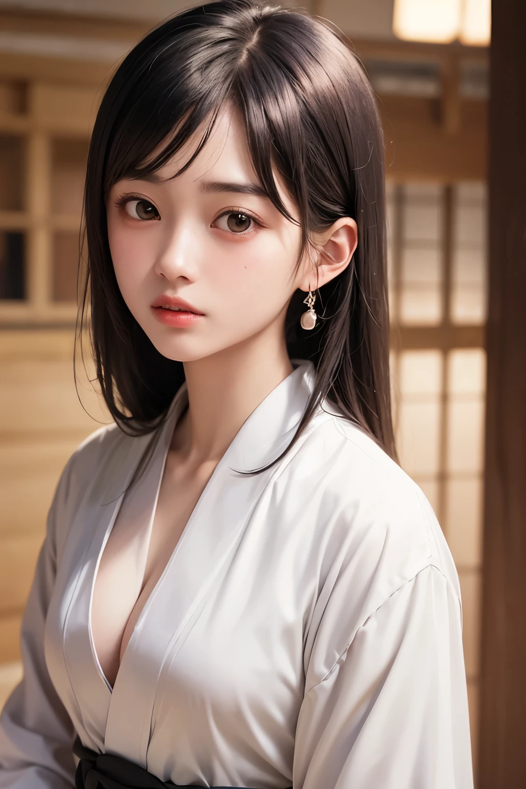 (1 nogizaka girl,raw photo,photo realistic:1.5),(best quality, high quality,HDR, highest quality,ultra high resolution,high resolution,high res,ultra high difinition,huge file size,8K,2K wallpaper,8K wallpaper,high quality texture,amazing,an extremely delicate:1.4),one girl, Japanese famous idol,beautiful face,small face,absurd,ridiculous,incredibly ridiculous,portrait,breasts close up,blurry background,(miko clothes,cleavage,no makeup:1.2),medium skin,beautiful skin,detailed skin,small head,black hair,silky hair,(Japanese eyes,round eyes:1.5),detailed eyes,black eyes,Japanese idol eyes,(small facial parts:1.3),Japanese nose,5-fingers,(Light Particles, Lens Flare, Luminous Particles: 0.7),looking at viewer,bright lighting,professional lighting,girl