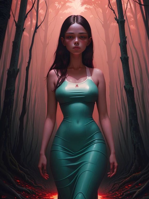 Painting of a woman walking through a forest with a red sky, Woman in the dark forest, White Bikini、Casey Weldon, eerie art style, Standing in a dark forest, In the art style of Bouwater, Girl walking in dark forest, Charlie Bowater's art style, Spooky and gloomy art style, With eyes that glow red, Charlie Bowter's Style, Elegant horror art