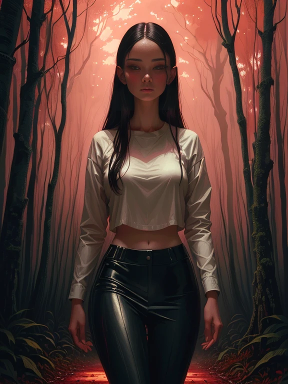 Painting of a woman walking through a forest with a red sky, Woman in the dark forest, White Bikini、Casey Weldon, eerie art style, Standing in a dark forest, In the art style of Bouwater, Girl walking in dark forest, Charlie Bowater&#39;s art style, Spooky and gloomy art style, With eyes that glow red, Charlie Bowter&#39;s Style, Elegant horror art