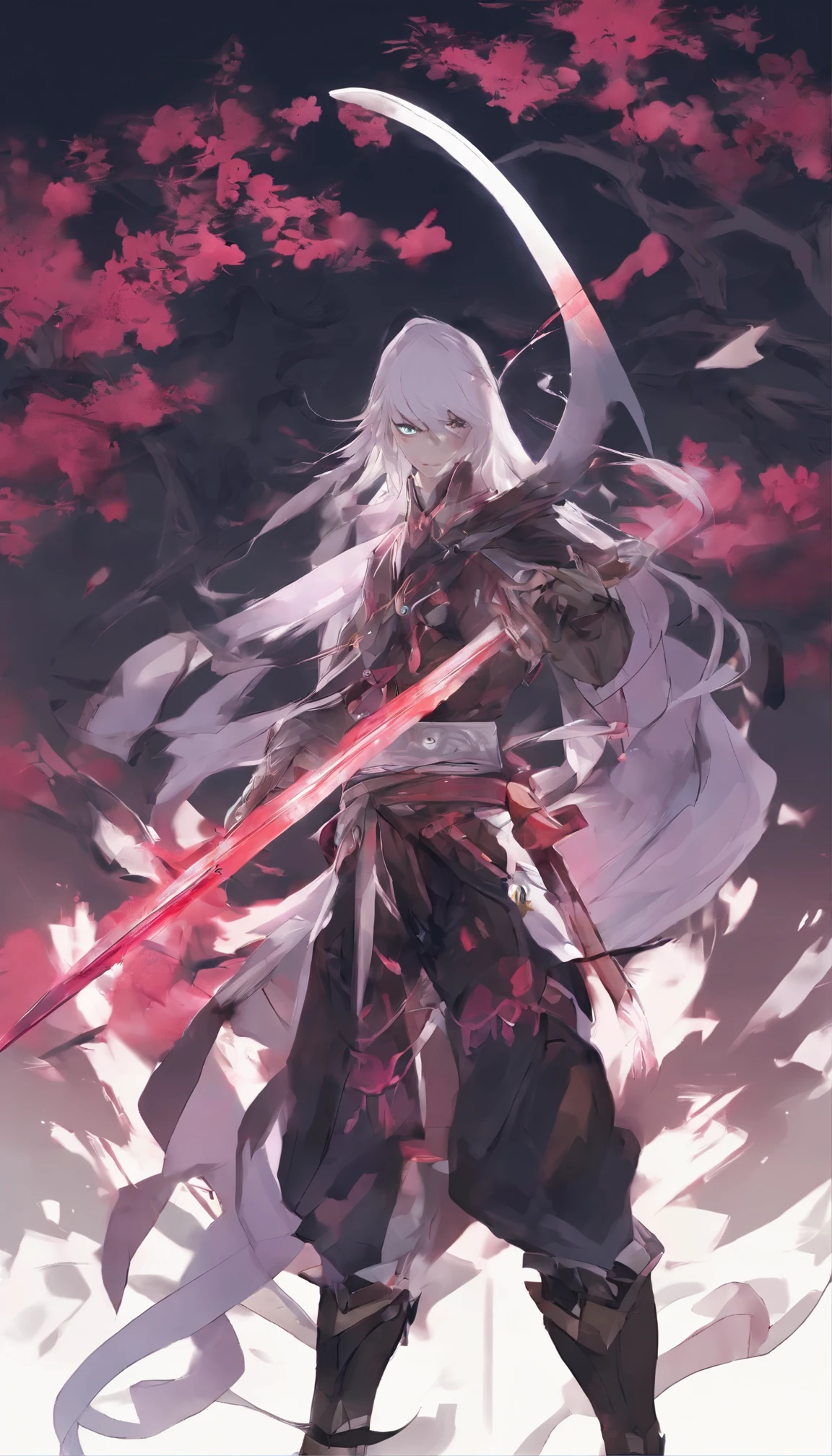 Danfeng Eyes，bushido，The upper part of the body，Black coiled hair，Simple hairpins，Cold eyes，solo person，orthofacial，frontage，Peach blossom background，Highly saturated colors，Hyper Real，8K high-definition，holding a longsword，Absolutely beautiful，high light，plethora of colors