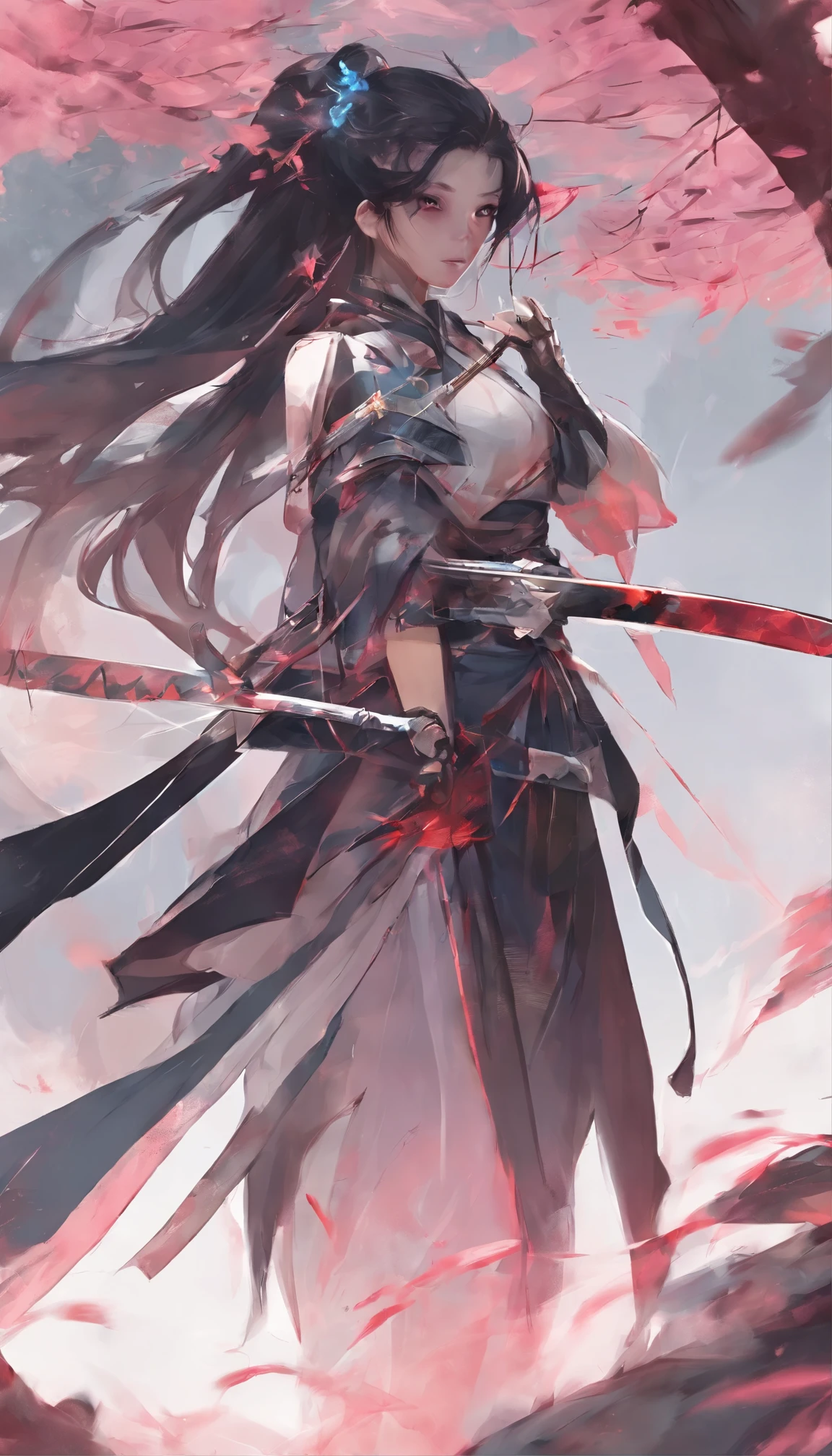 Danfeng Eyes,bushido,The upper part of the body,Black coiled hair,Simple hairpins,Cold eyes,solo person,orthofacial,frontage,Peach blossom background,Highly saturated colors,Hyper Real,8K high-definition,holding a longsword,Absolutely beautiful,high light,plethora of colors