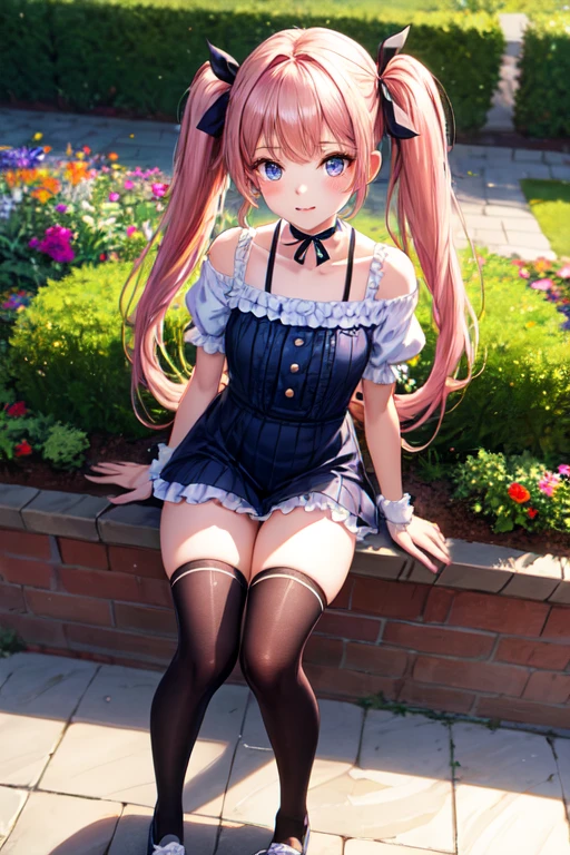 beautiful girl, young girl, young, Twin tails, choker, highest quality, masterpiece, 8k, 超A high resolution, Beautiful Face、Symmetrical eyes, ribbon, Frills, Race, Shake it, Put your arms behind your back, Knee socks, Knee-high socks, Embarrassing, garden