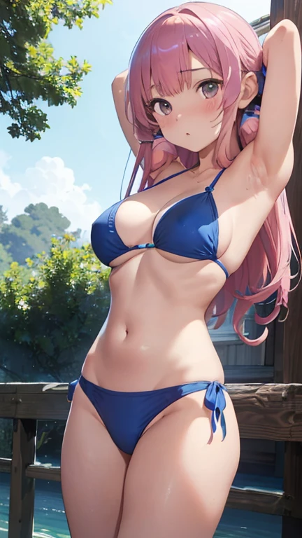 masterpiece、highest quality、Very detailed、Photograph the upper body、1 female、(Put your arms behind your back:1.4)、Are standing、Turn your body forward、View your viewers、(Woman warrior、Blue bikini armor)、break,blush、shy、Pink Hair、Open your mouth、grassland、Big Breasts、