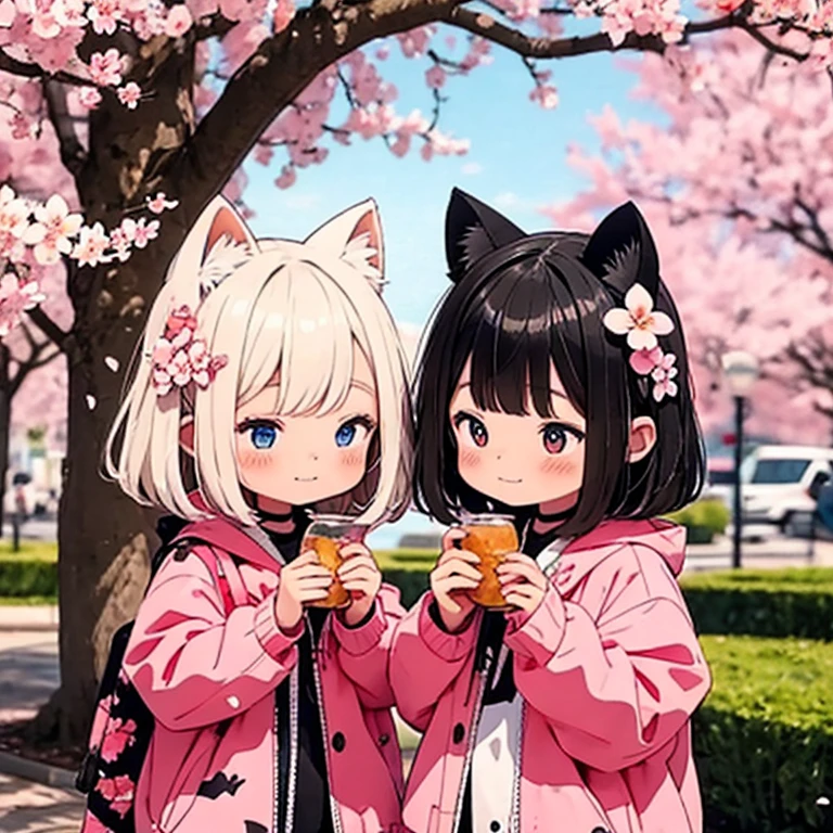 A city covered in cherry blossoms、Two girls anthropomorphizing kittens、 body type、Chibi、Cat ears and tail、Hanabubuki ,happy look、Completely naked