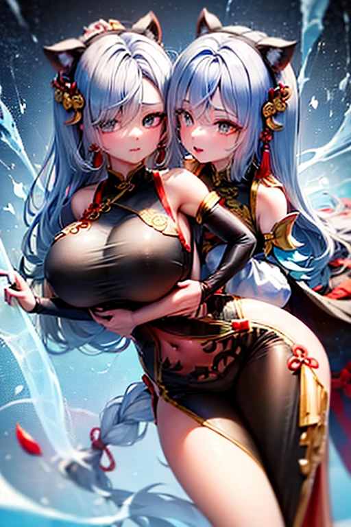 2 girls , (Black Chinese Dress:1.3) , (Red Chinese Dress:1.3) , village , (Big and small :1.2) , low length , , Hugging each other , Crying and screaming , Watery eye , Bloated belly ,