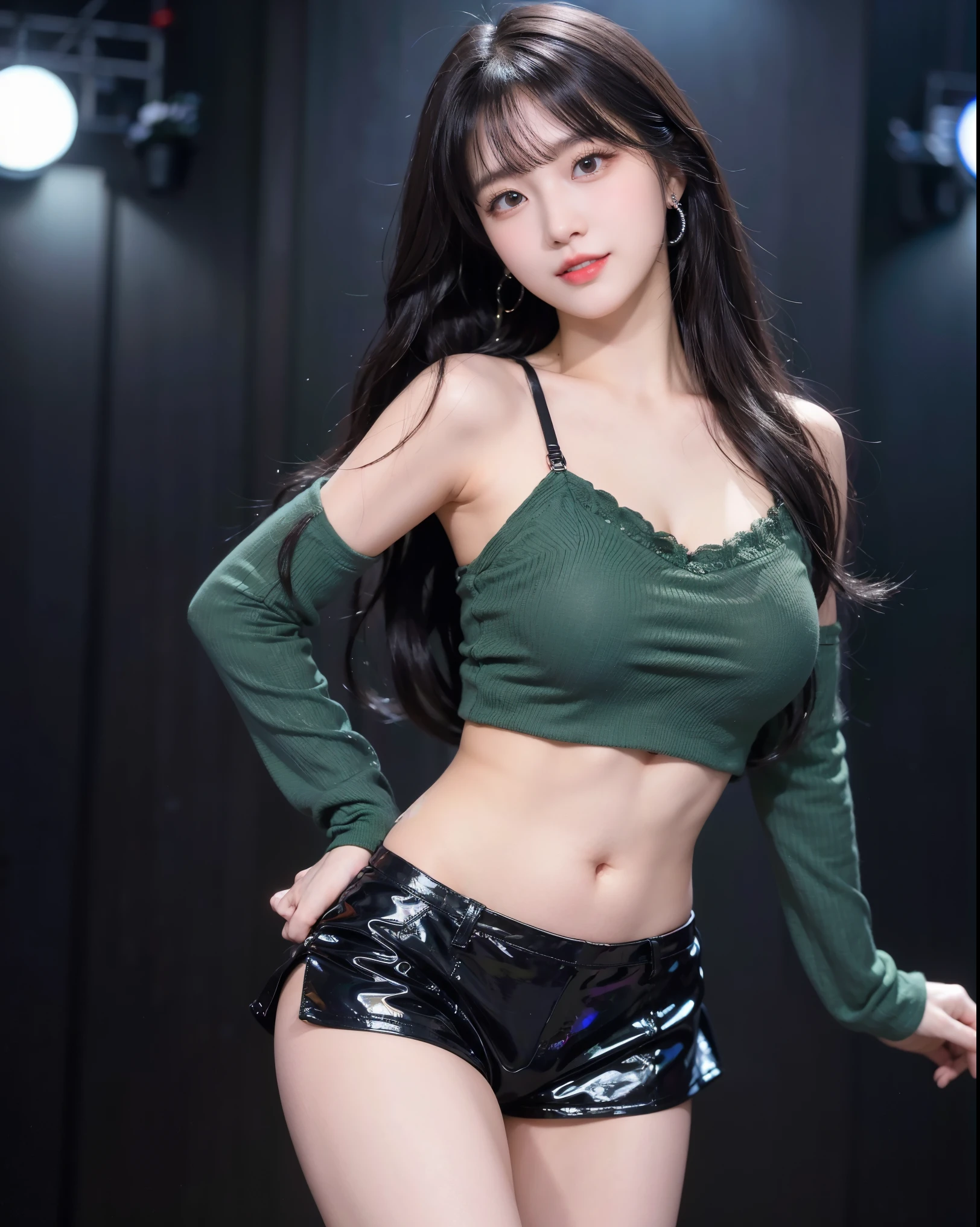 (8k, RAW Photos, highest quality, masterpiece:1.2), Super Resolution, (Realistic, Realistic Photo:1.37), whole body, 頭からつま先までwhole body, High-resolution RAW color photos, Professional photos, Very detailed, 8k wallpaper, Very detailed美少女, Very detailed顔, Very detailed目, Very detailed肌, Very detailed指, Very detailed鼻, Very detailed詳細な口 , Very detailedな脚, Perfect Anatomy, Very detailed背景, Very detailed衣服, 1 girl, (18:1.2), Age 25, Fair skin, Glowing Skin , Curly Hair, (bangs:1.2), smile, Cute face, Realistic face, Green transparent costume, Micro Mini Skirt, Earrings, Stand with your back to the audience, Dynamic Lighting, Very large breasts, stockings, High heels
