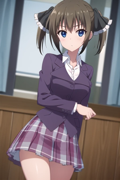 minatsushiina, minatsu shiina, blue eyes, brown hair, ribbon, twintails, hair ribbon,
BREAK skirt, , plaid, plaid skirt, shirt, white shirt, collared shirt, jacket, long sleeves, black jacket,
BREAK indoors, classroom,
BREAK looking at viewer, (cowboy shot:1.5),
BREAK (masterpiece:1.2), best quality, high resolution, unity 8k wallpaper, (illustration:0.8), (beautiful detailed eyes:1.6), extremely detailed face, perfect lighting, extremely detailed CG, (perfect hands, perfect anatomy),