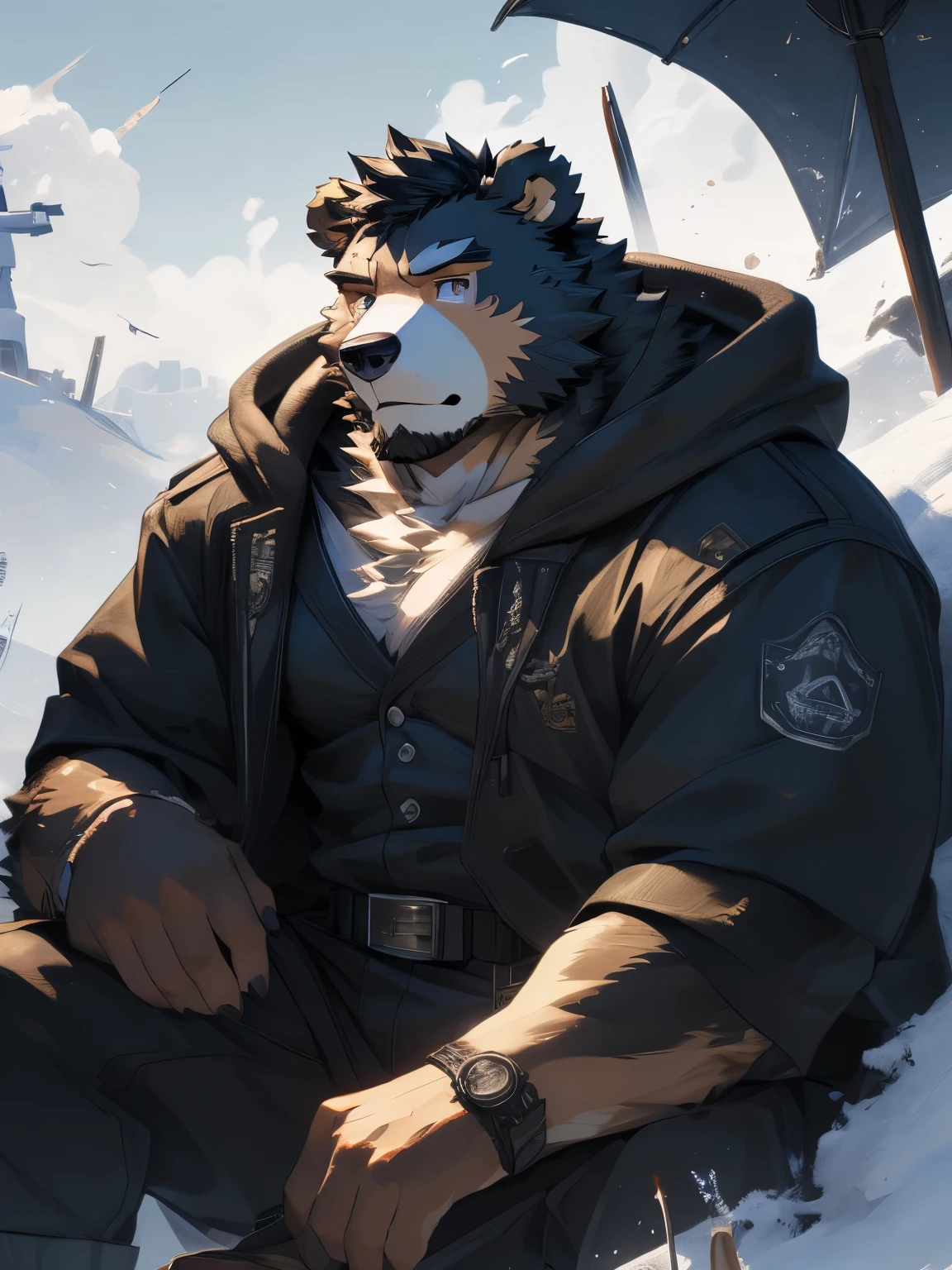 (Ultra Detailed),Clear focus,Detailed eyes,,Brown eyes furry,(Black and white fur), black beard,Black Hair,human nature (Bear:1.3), male, Middle-aged and elderly people, brown body, White belly, muscular ,(Crotch bulge),Ultra Detailed的脸,(messy 1.4),(best quality), (masterpiece), High Detail,high quality,high resolution,16K,close up,(Wear only white),(Bright battlefield:1.3),majestic appearance,Overlooking,(Brown fur:1.3),(General costume),((Damaged clothes)),