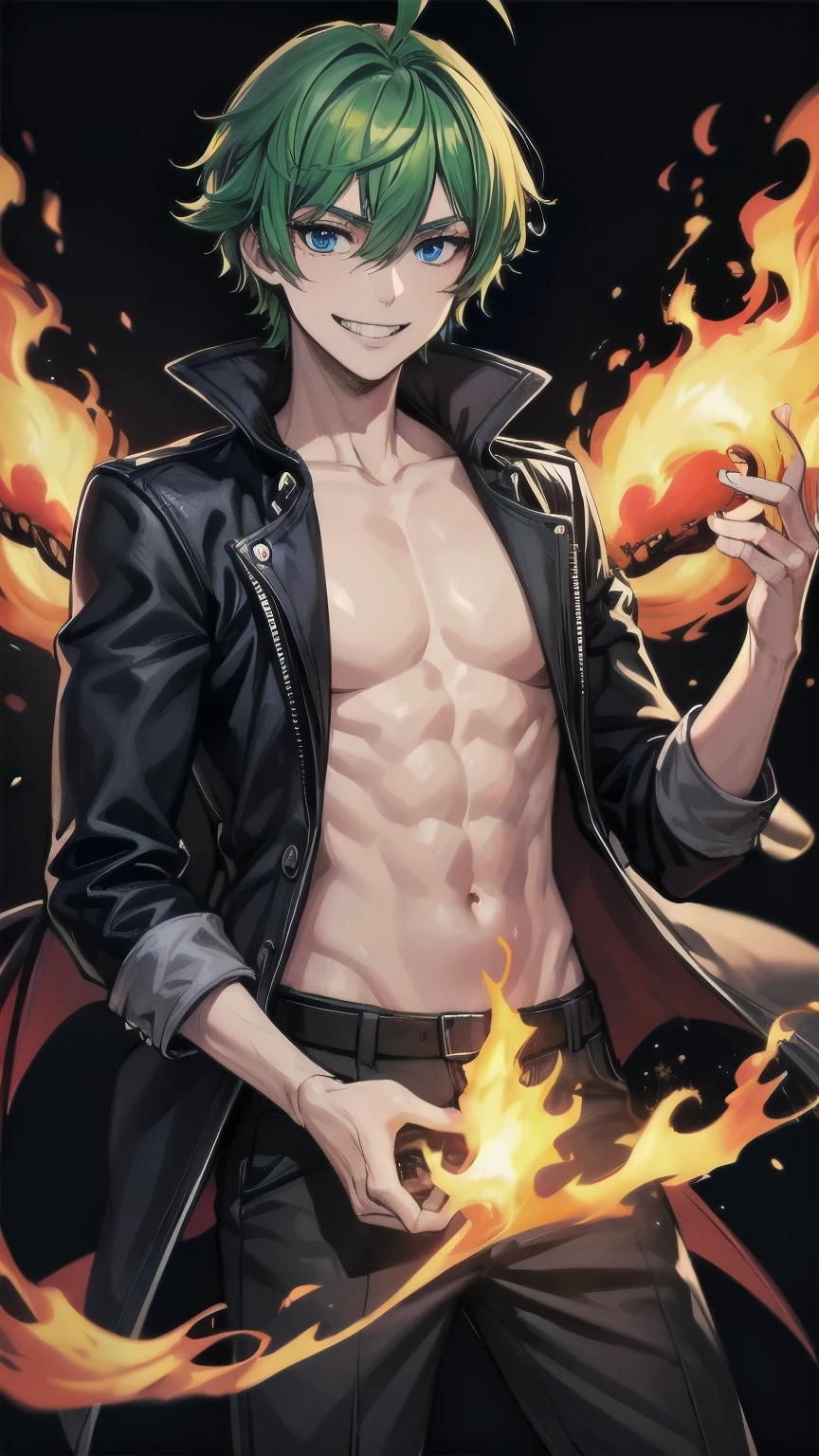 (masterpiece), ((sfw)), best quality, expressive eyes, perfect face, mature male, (1boy, adult Man), young adult, young man, solo, Green hair BREAK ahoge, blue eyes BREAK demon boy, topless male, open jacket, standing, evil smile, grin, looking at viewer, demon horns, wings, black background, (fire scenery, flamming background), hell, looking at viewer 