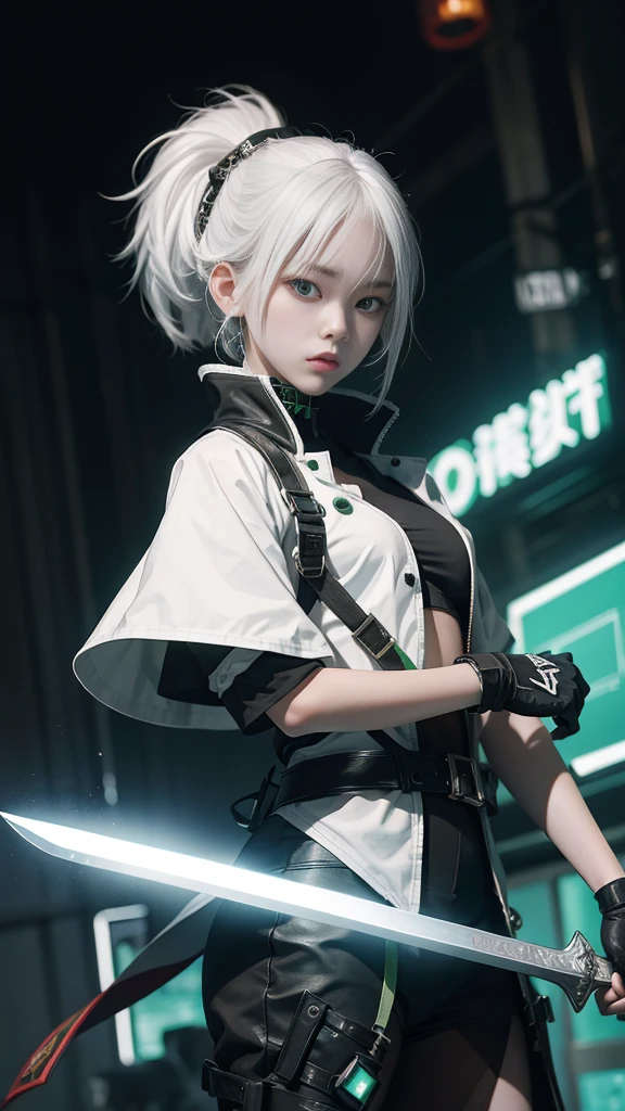 An 18 year old Chinese age girl, white hair, wears cool cyberpunk style clothes in variations of black and green, posing while carrying a sword in her hand, on a white background.