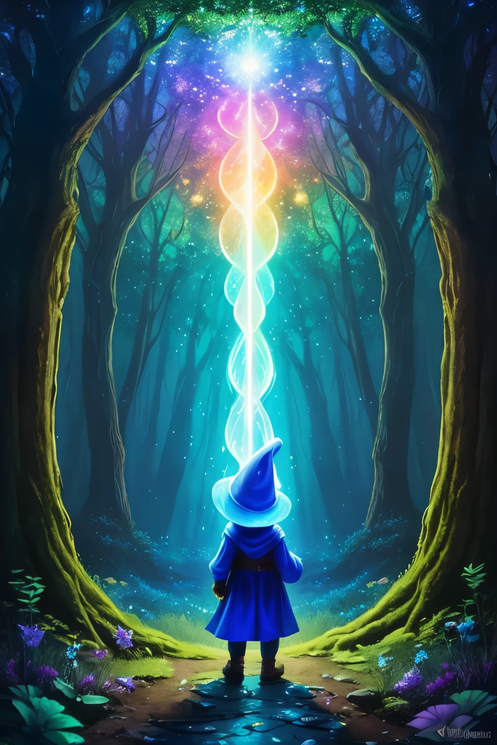 A hypothetical scenario unfolds as a Psychedelic Smurf, adorned with radiant hues and luminescent features, emerges from a magical portal. The air around him resonates with a mystical and dreamlike atmosphere as Gargamel, the wicked witch doctor, lurks menacingly behind. The trees surrounding the scene are ancient and gnarled, their leaves shimmering with iridescent elements reflecting the cosmic vortex above. The surreal landscape is awash with vibrant colors, glowing auras embracing every corner of this wondrous realm. The etheral figure of the Psychedelic Smurf appears captivated by