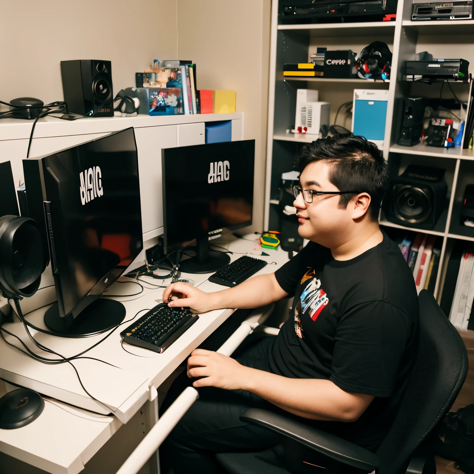 A fat nerd playing PC games in the closet