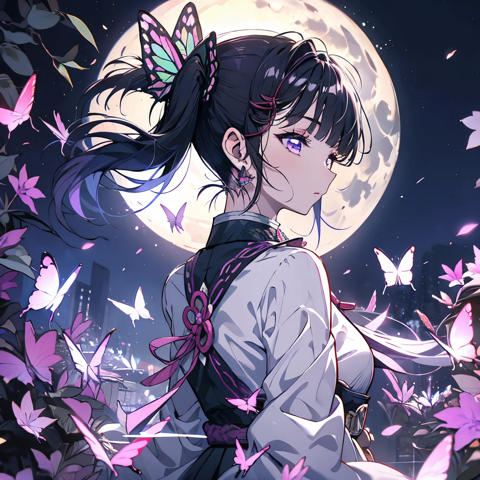 Masterpiece、Kanao、Purple Eyes、ponytail、Butterfly hair fastening、night、full moon、Butterflies fluttering