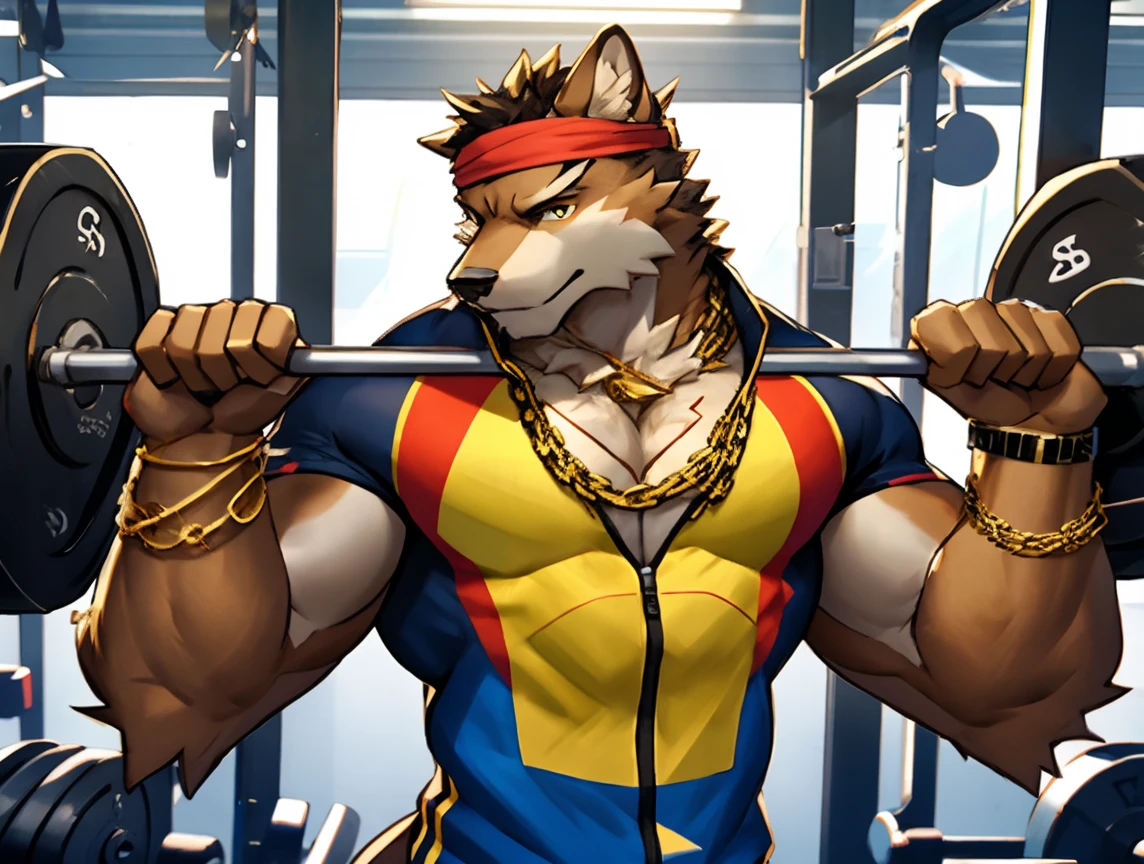 He is lifting weights in the gym, treinando muito arduamente. Ele veste short de treino. bandana on neck, Watch & Bracelets. He wears gold chain around his neck.modern gym scene.