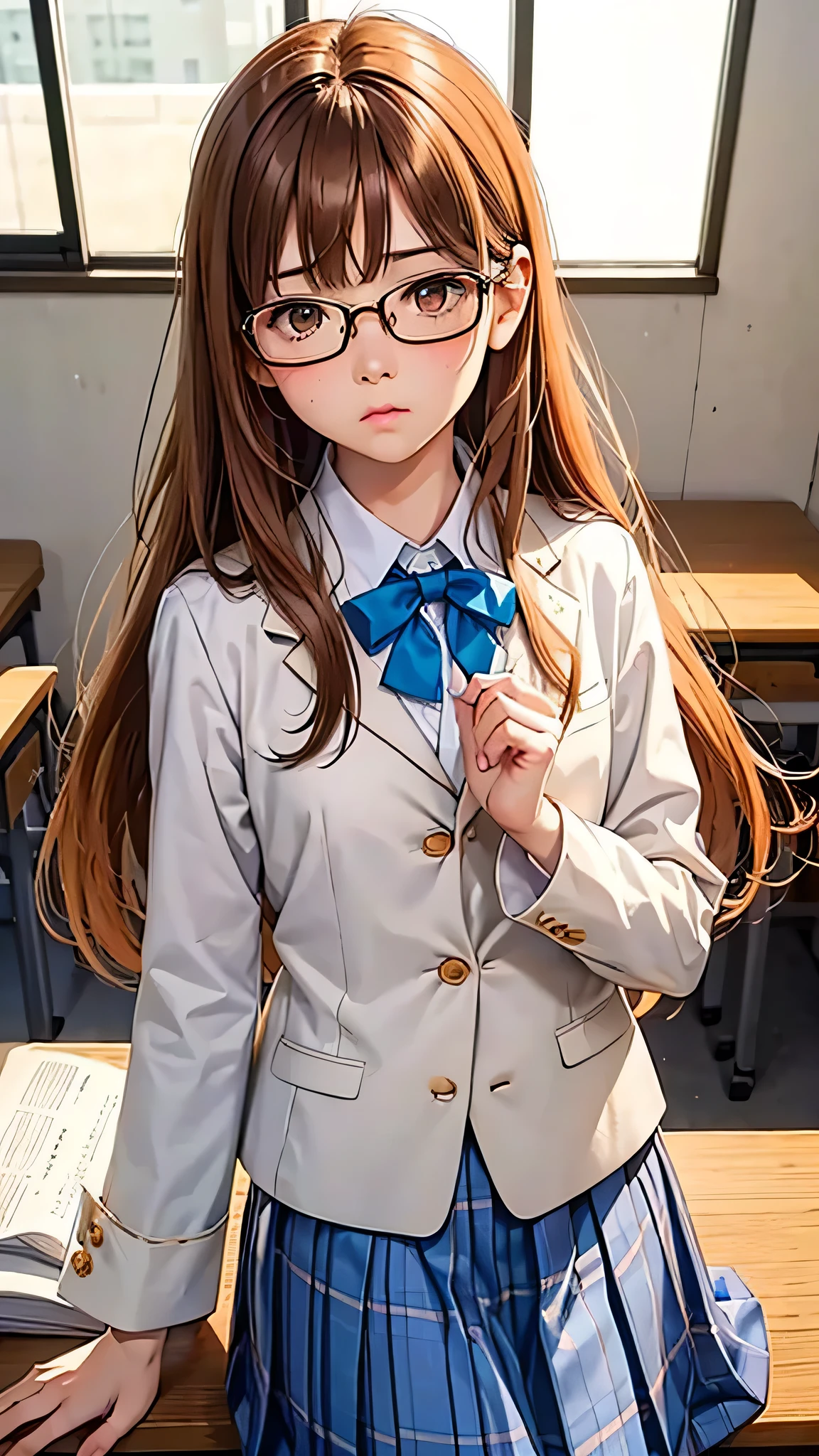 highest quality、Realistic、girl、Japanese、zoom、cute、classroom、Orange Eyes、Light Brown Hair、long hair、Off-white blazer、White blouse、Ribbon、Blue checked pleated skirt、Face close-up、thin、Small breasts、Pouting、freckles、Glasses、