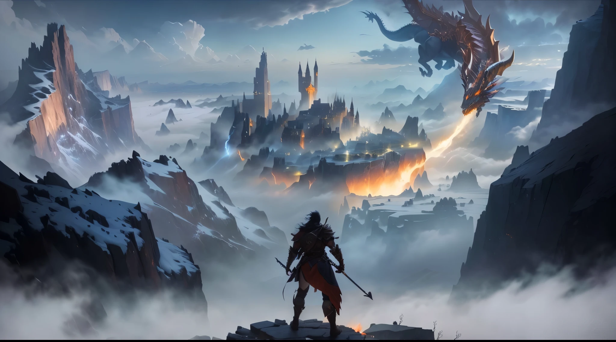 A warrior standing on a cliff,Look at the city in the distance,There is a giant dragon breathing fire over the city,There is thick fog on the cliff,There are two cliffs close to each other on the left and right.,Magic style,Diablo art style,High quality details,8K