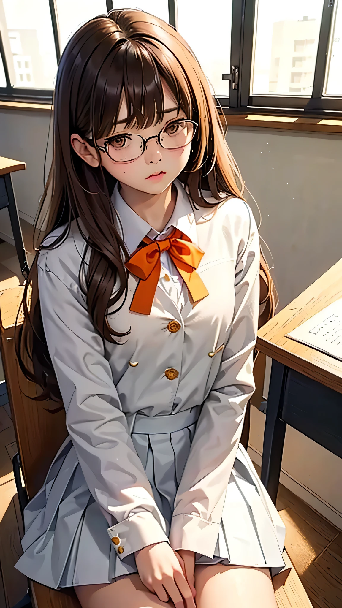 highest quality、Realistic、girl、Japanese、zoom、cute、classroom、Orange Eyes、Light Brown Hair、long hair、Off-white blazer、White blouse、Ribbon、Blue checked pleated skirt、Face close-up、thin、Small breasts、Pouting、freckles、Glasses、