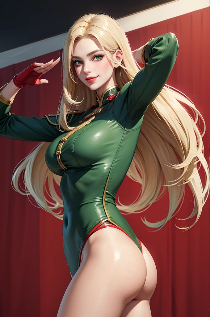 Woman saluting,Blonde,Long hair is thick,very red lips,Big Ass,Narrow waist,Long legs,Green Eyes Standing 8k(( A sloppy smile, The face we're looking for, Mischievous face)), ,8k(( Anime Style, The facial expression is good, Anime Style緑色の眼, The facial expression is good:1.5)), Standing at the station, Morning, Beauty, soldier, uniform,spring,cherry blossoms,looking at the camera
