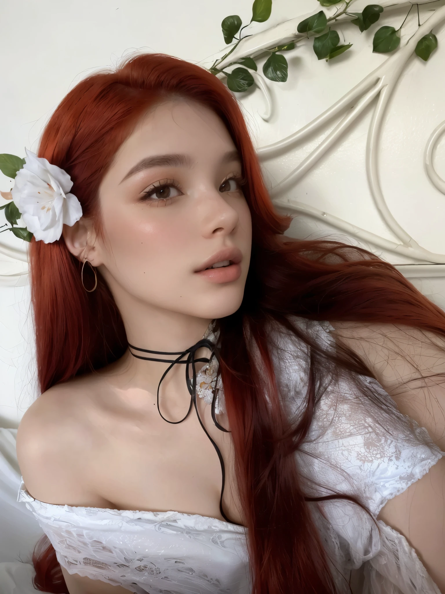 there is a woman with cabello rojo and a white flower in her hair, amoranto, Dyed Red Hair, with cabello rojo, with long cabello rojo, cabello rojo and attractive features, long glowing cabello rojo, long cabello rojo white streak hair, soft cabello rojo, cabello rojo, pale, shiny skin, better known as amoranto, ella tiene el pelo largo color naranja