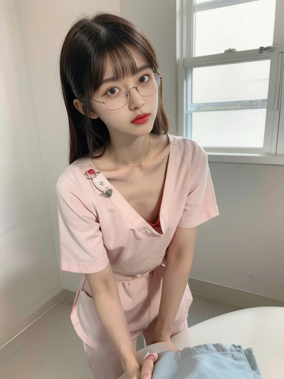 raw photo, 8k, (top-quality), Realistic, (real picture, Intricate details), (natural skin texture, detailed skin, hyper realism, sharpness), ( Japanese teenage girl bending over ),((in hospital))(( cute detailed bra with embellishments)), ((white nurse uniform scrubs, downblouse, munechira)), (pale skin:1.2, slender body), ((long straight hair, blunt bangs)), (glasses seductive face, provocative look, Parted lips:1.3, eye bag:1.2, red thick lips),  spot lighting:1.3, upper body shot, view from above