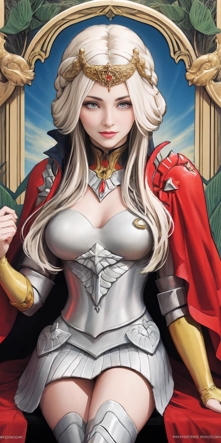 (masterpiece, best quality),  1girl, solo, (the empress:1.15), platinum blonde, long hair, (red cape), Curtain, armored dress, queen dress, aurora, (sunshine, sky, river, forest), expressionless, red eyes, very long hair, (art nouveau:1.2), alphonse mucha, tiara, (face focus, upper body), sit, (red throne:1.12), tiara, crossing legs, highly intricate details, realistic light, smile