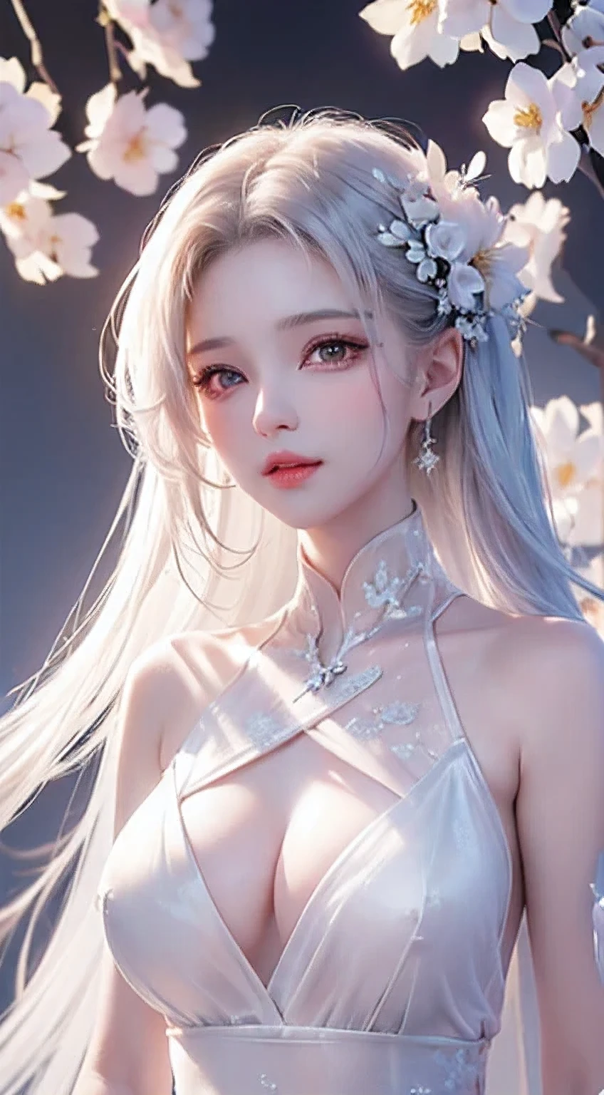 ((Picture from the waist up))((masterpiece:1.5、8k、Portrait、Photorealistic and very detailed CG、Very detailed、Particle Effects、Dynamic Effects、Written boundary depth、Cinematic Light、Lens flare、Ray Tracing、Tabletop、Realistic:1.4、超A high resolution:1.2、Realistic、Realistic))((alone、,A woman wearing a see-through chiffon stole over a satin halter neck dress:1.4、Dynamic female pose:、Side are visible、Detailed face、Bright expression、young, Brighter, Whiter skin、Ample breasts、Best Looks、Ultimate beauty、Shiny silver hair with highlights、Bright and shiny hair,、Super long, Silky straight hair、Hair swaying in the wind))(Surrounded by fantastic transparent flowers、White background、Fantastic background、Thin petals fluttering around)