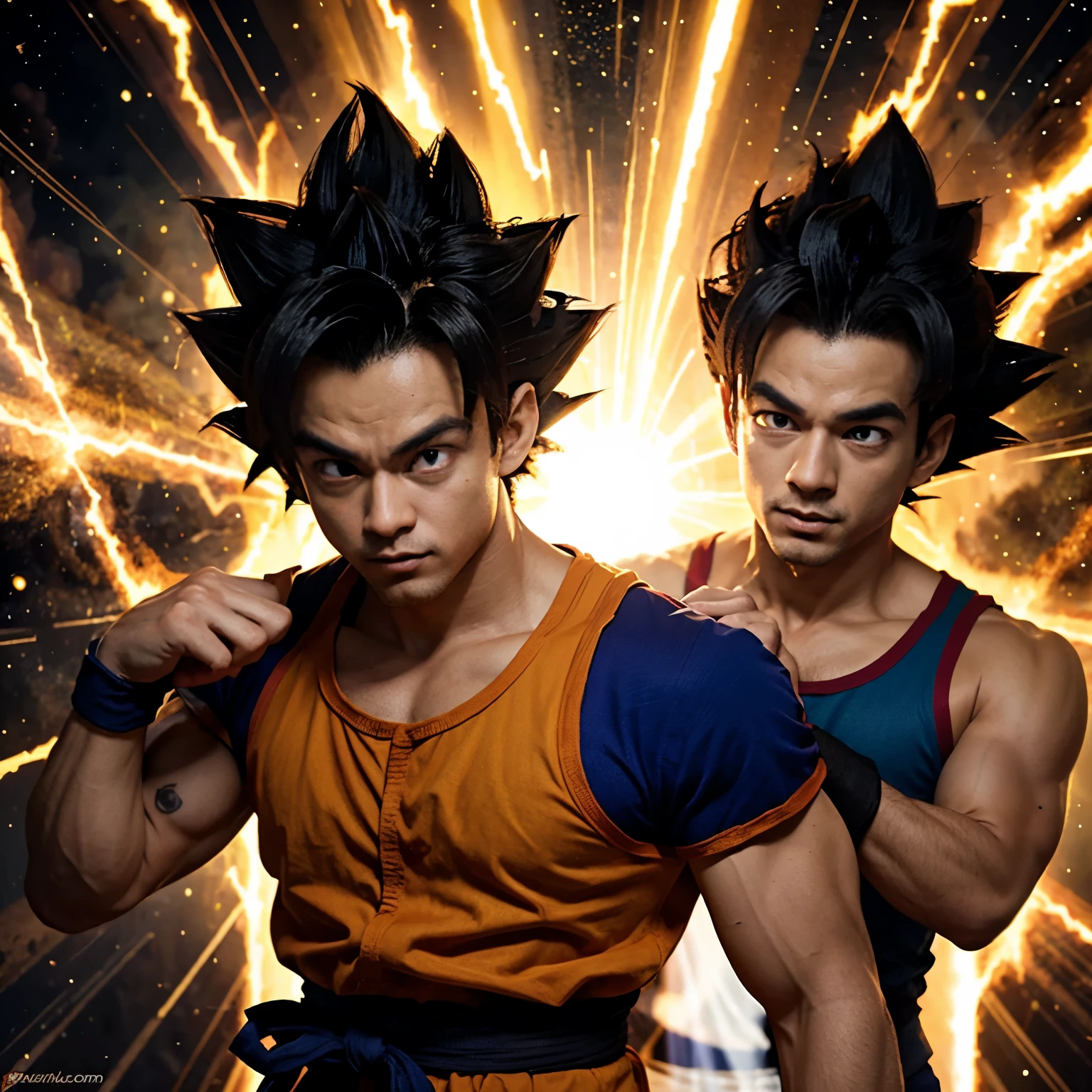 Goku fas dorada peleando con Vegeta ultra ego y gohan bestia
