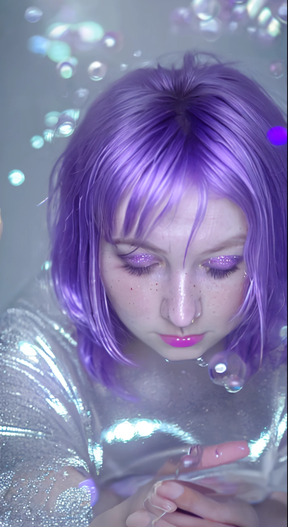 alone, One girl, Purple eyes, Purple Hair, bubble, View your viewers, Portraiture, Half-closed eyes, short hair, Mouth closed,shiny bubbles,bubbles, colour shining in bubble, reflective bubbles,bubbles ,bubbles all around, turning into bubble