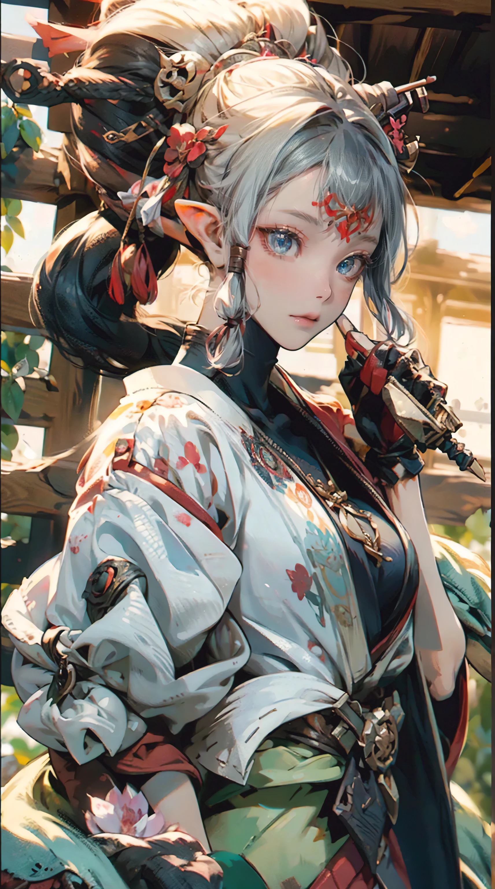 paya, a beautiful Extremely cute elf race face, 1girl, insanely detailed face and eyes, Perfect lips, pirate captain, Sunshine, hands on straw hat, red jacket, closed shirt, pirate hat, looking at viewer, upper body, ABS, asymmetrical bangs, white blonde short hair, big breast, digital painting, dramatic, cinematic lighting, fine expression, fine detail, masterpiece, fantasy art, illustration, masterpiece, digital art by Yusuke Murata.